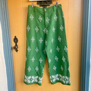 HAUTE HIPPIE Linen Embroidered Green Wide Leg Pants